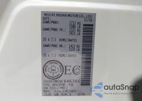 2017 Nissan Pathfinder Platinum/S/Sl/Sv z USA, uszkodzony, nr VIN 5N1DR2MM2HC646386